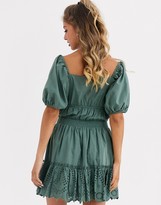 Thumbnail for your product : ASOS DESIGN sweetheart broderie mini dress with elasticated waist in khaki