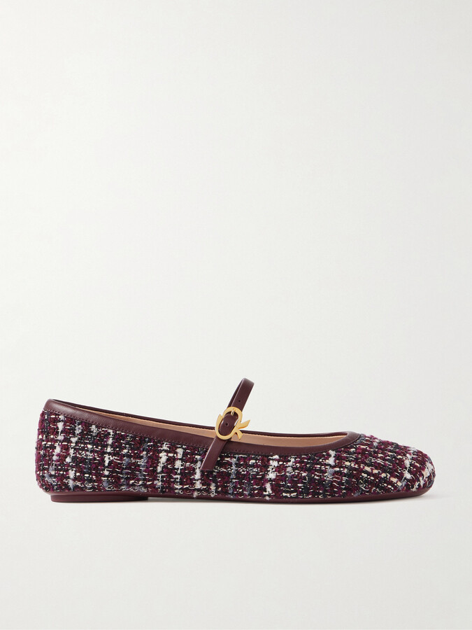Gianvito Rossi Carla Leather-trimmed Tweed Mary Jane Ballet Flats - Burgundy