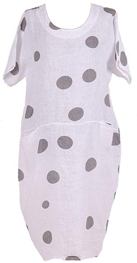 Ladies Italian Polka Dot 2-Pocket Women Lagenlook Linen Tunic Dress Plus Sizes