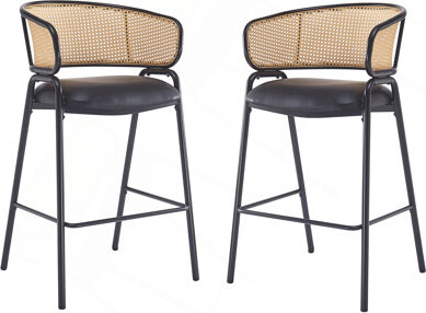 Latitude Run Ethan Indoor Metal Upholstered Barstool Faux Leather Seat With Wowen Rattan Decorated Backrest Set Of 2