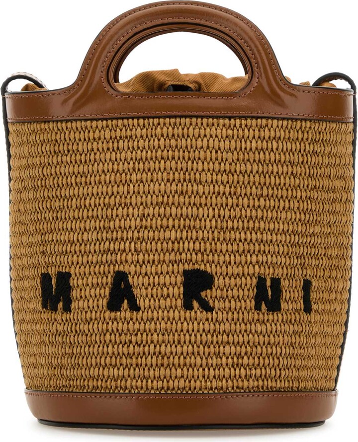 MARNI / マルニ TROPICALIA MINI BUCKET BAG Tropicalia Small Bucket Bag in brown leather and raffia