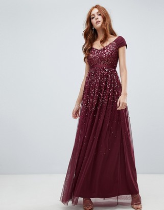 berry ruffle embellished back fishtail maxi dress