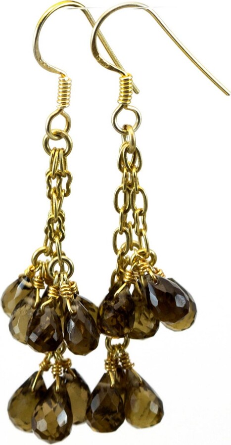 Etsy Olive Quartz Earrings Cluster Style 14K Solid Gold Or Filled Micro Faceted Multiple Briolette Chandelier Natural Smoky Green 2 Inches