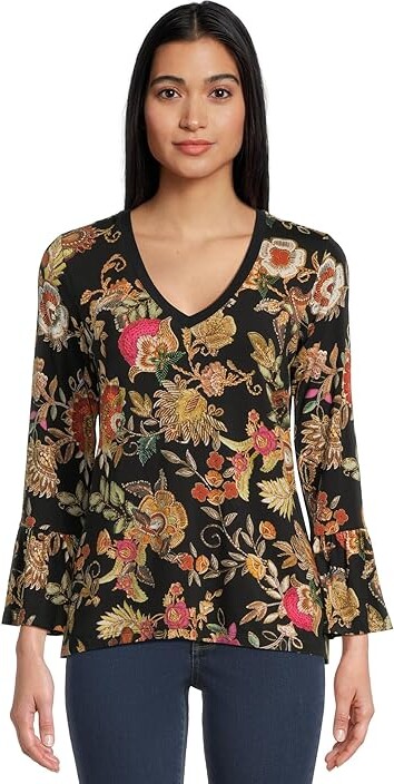 Johnny Was The Janie Favorite V-neck Flute Sleeve Tee- Lowri Women's Clothing Lowri/Black : XL, Spandex