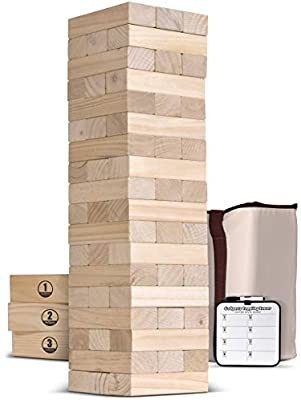 GoSports Giant Wooden Toppling Tower (Stacks to 5+ Feet) | Choose Between Natural, Brown Stain, Gray Stain or Stars and Stripes | Includes Bonus Rules with Gameboard | Made from Premium Pine