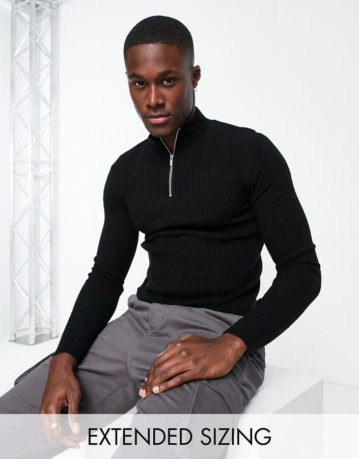 ASOS DESIGN lightweight ribbed sweater with half zip in black - ShopStyle