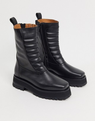 And other stories & leather chunky flat boots with padded panel in black