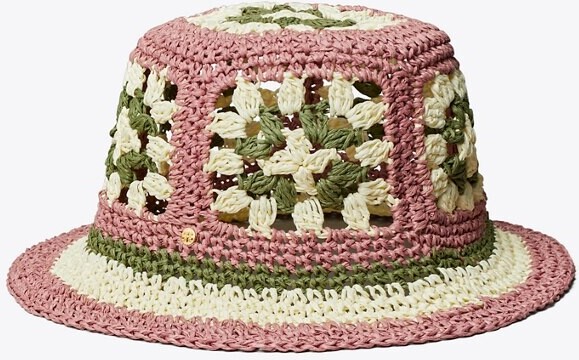 Tory Burch Straw Crochet Short-Brim Bucket Hat Pink Bold Flower