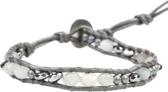 Chan Luu Aqua Semi Precious Stones and Rondelles Mix Single Grey Leather Wrap Bracelet