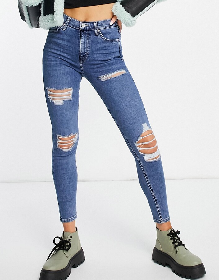Topshop Jamie jean with super rip in mid blue - ShopStyle