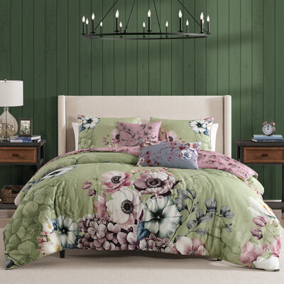 Bebejan Lilac Cascade On Olive 100% Cotton Sateen 5 Piece Reversible Comforter Set
