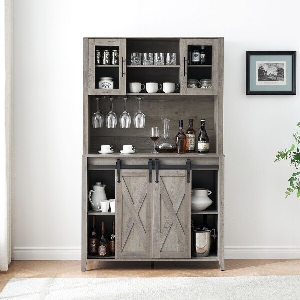 Nasitip 70''CoffeeBarCabinet-FarmhouseWineBarCabinetwithStorageShelves6-BottleWineRack&12StemwareSlotsSlidingBarnDoorsBuffetCabine