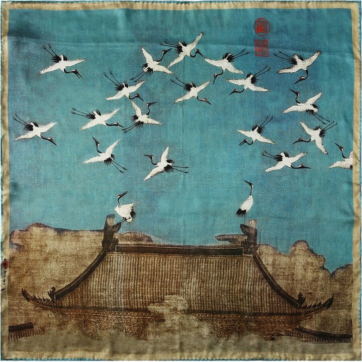 Soft Strokes Silk Green Pure Silk Scarf Ink & Colour By Zhao Ji Auspicious Crane Small