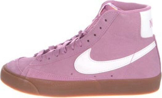 Nike Suede High Top Sneakers Purple Colorblock Pattern Rubber Trim Round-Toes with Embroidered Accent Lace-Up Closure at Uppers Includes Box