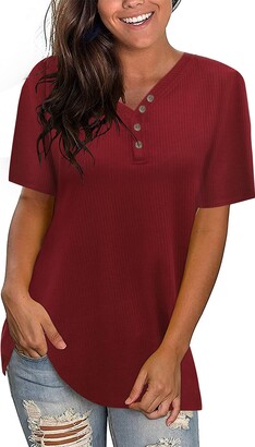 Xpenyo Ladies Shirts Baggy Tops Ruffle Loose T—Shirt Button Down Tunic Tops  Loungewear Home Clothing Blouses for Women Wine Red 20 - ShopStyle