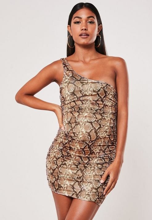 one shoulder snake print dress