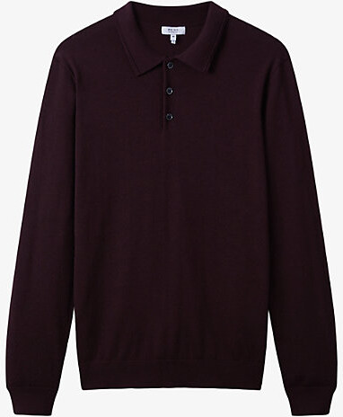 Reiss Mens Dark Bordeaux Trafford Polo-Collar Slim-Fit Wool Jumper L