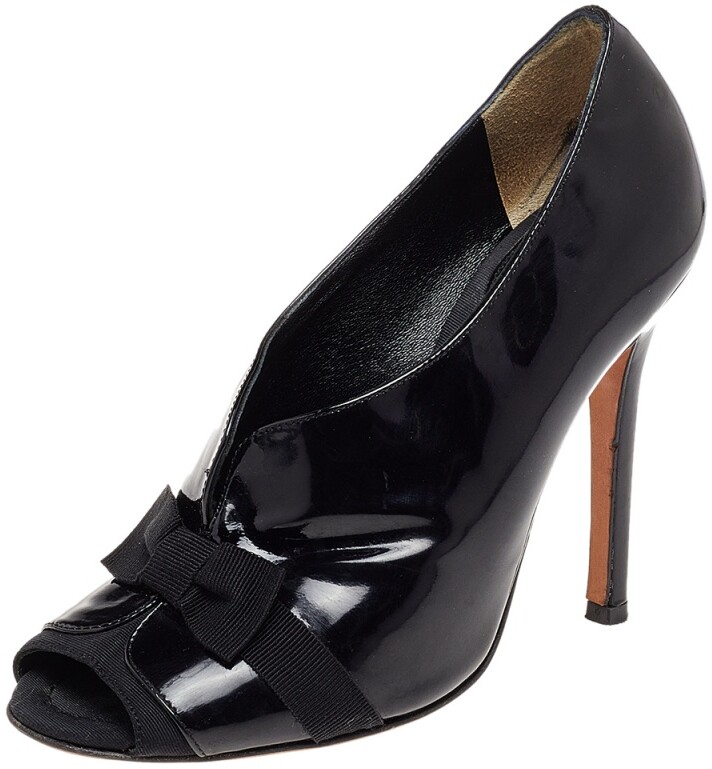 black leather peep toe booties