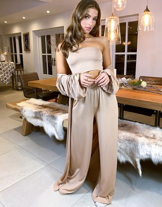 ASOS DESIGN ASOS LUXE Lounge slinky puff sleeve maxi gown in beige