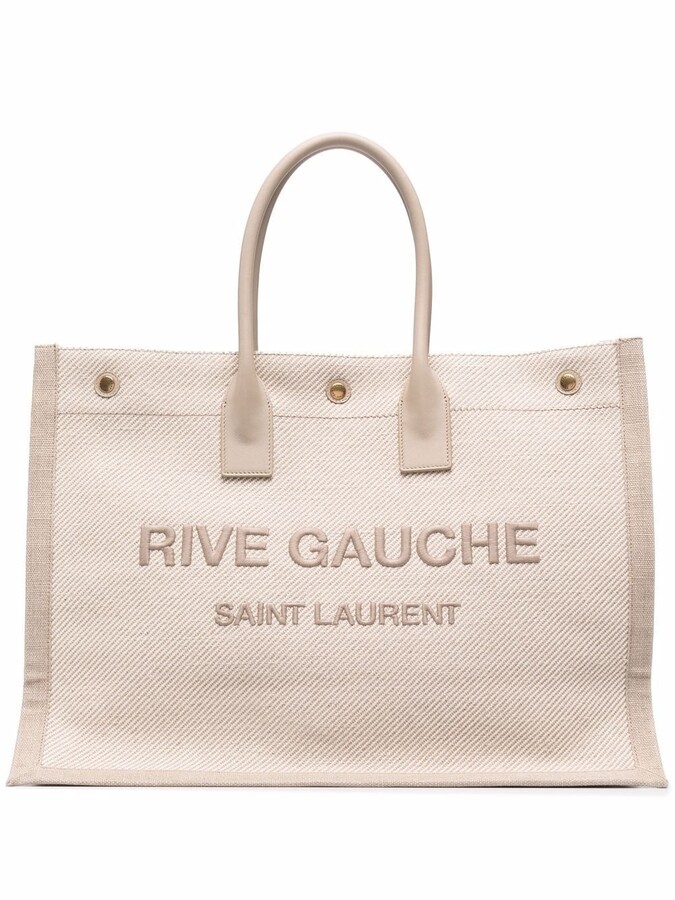 Saint Laurent Rive Gauche Small Leather And Canvas-trimmed Embroidered  Raffia Tote in Black