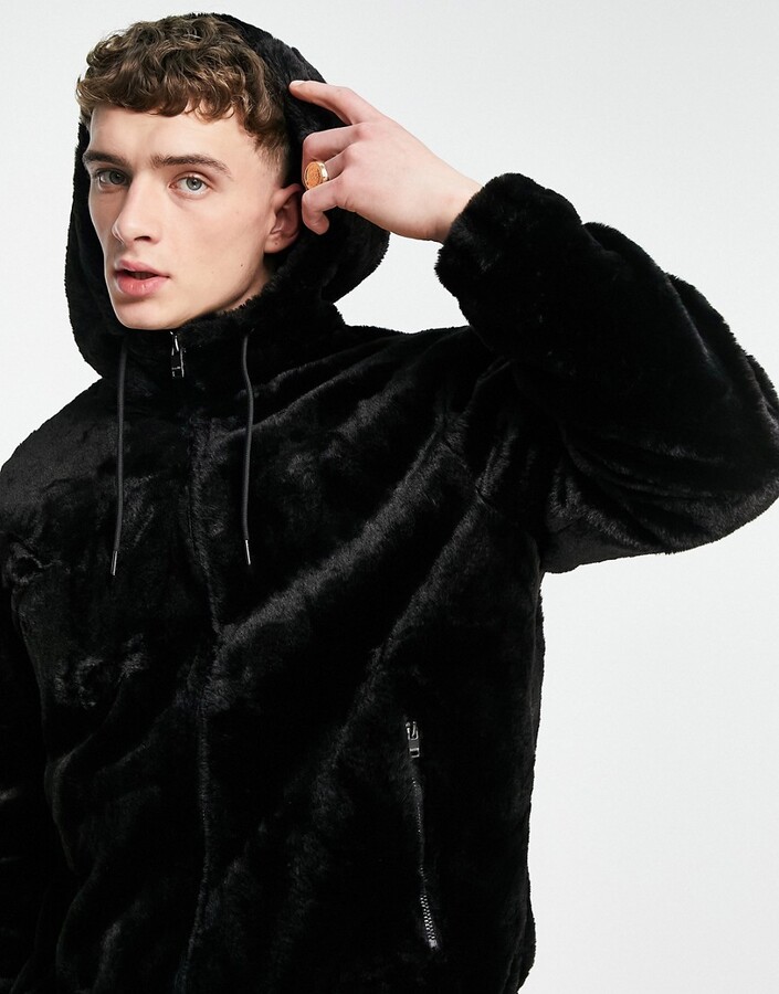 black faux fur hoodie men's