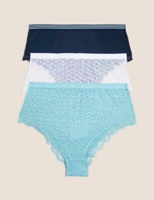 M&S Collection 3pk Lace & Mesh High Waisted Brazilian Knickers