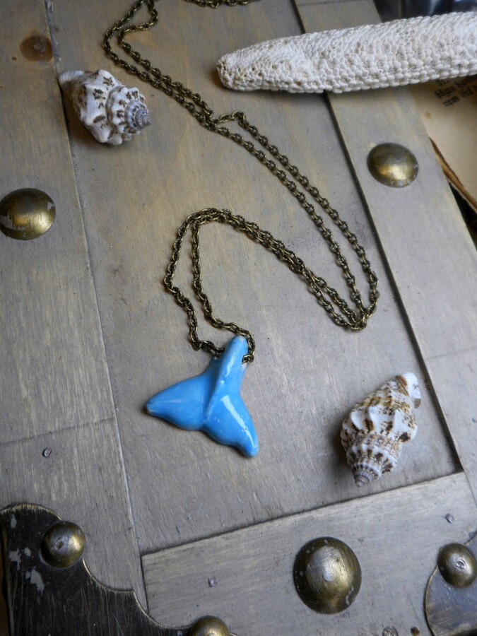 Ceramic Blue Whale Tail Pendant Captain Ahab Nautical Minimalist Necklace #festiveetsyfinds