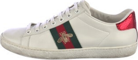 Gucci Leather Low Top Sneakers Neutrals Printed Web Accent & Bee Accent Round-Toes with Embroidered Accent Lace-Up Closure at Uppers Designer