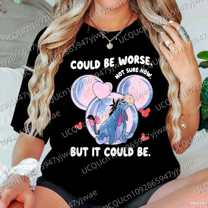 MINISO Winnie The Pooh Eeyore Quote Women & apos;s T-shirt Could Be Worse Not Sure How But It Could Be Tee Cute Disney Donkey Graphic Shirt