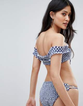 ASOS Design DESIGN Gingham Print Shirred Lace Up Tanga Bikini Bottom