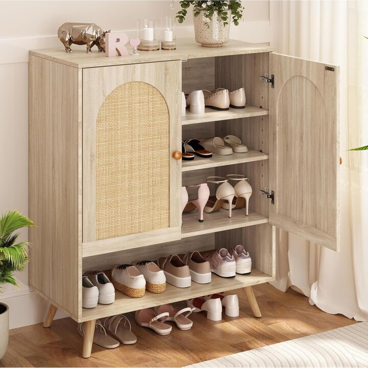 gaomon Rattan Shoe Cabinet with Doors 4-Tier Entryway Shoe Organizer with Adjustable Shelves Beige