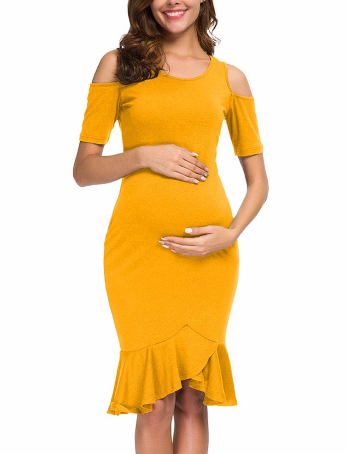 Ecavus Womens Maternity Short Sleeve Fitted Mermaid Dress Cold Shoulder Ruffle Hem Knee Length for Baby Shower