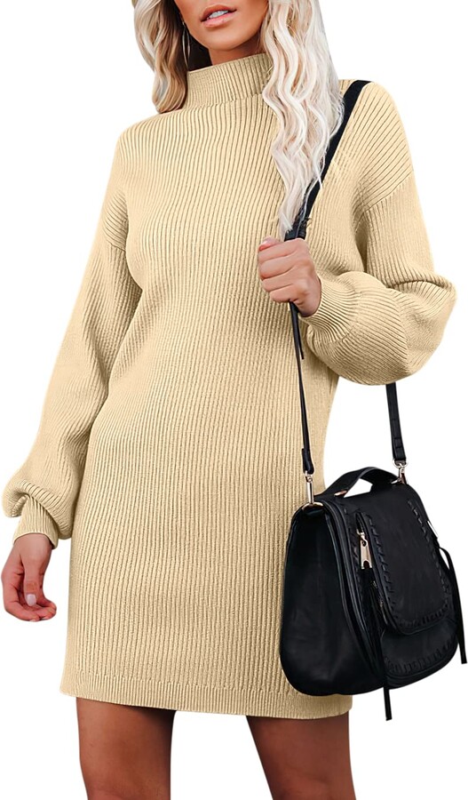 LOGENE Women's Sweater Dress Turtleneck Long Balloon Sleeve Ribbed Knit  Oversized Pullover Dresses
