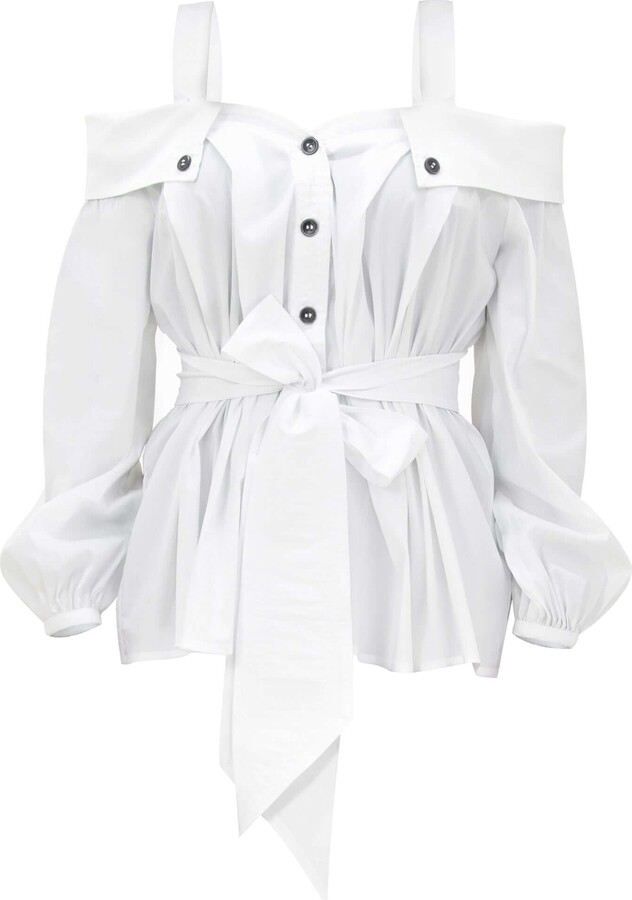 Tia Dorraine White Classic Innovation Poplin Off-Shoulder Shirt