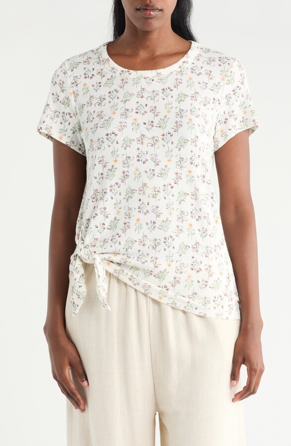 Bobeau Floral Print Side Tie T-Shirt
