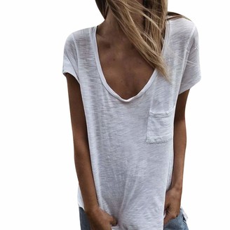 Lazzboy Women T-Shirt Top Plain Pocket Short Sleeve Blouse Ladies Slouch Shirt(XL(12)White