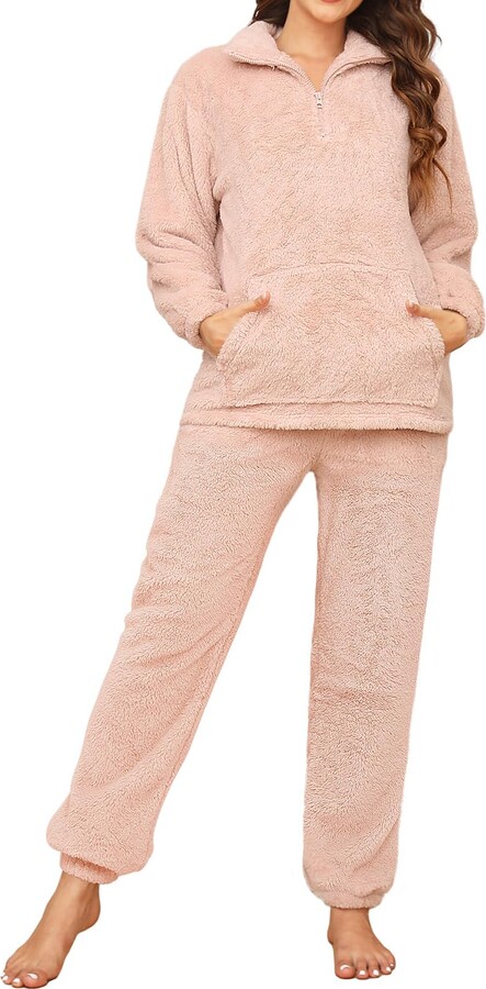 Pink Womens Fluffy Pjs Set Womens Pajamas Three Piece Vest Shorts