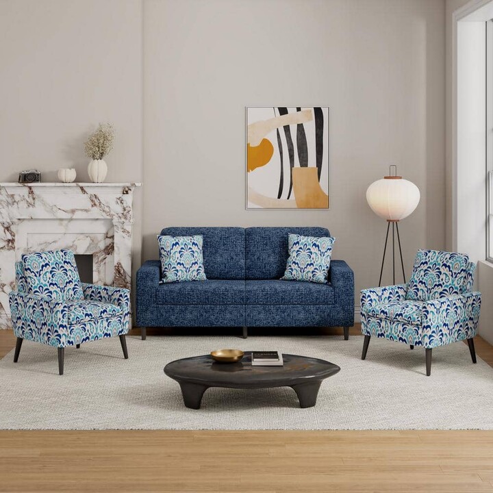 Handy Living Wilmington Mid-Century Modern 3-Piece Navy Blue Chenille and Cobalt Blue Damask Fabric Small Space Living Room Set
