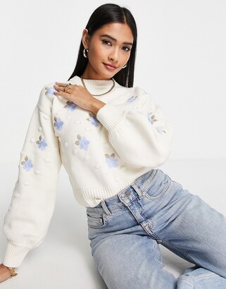 Fashion Union high neck cropped jumper with floral embroidery