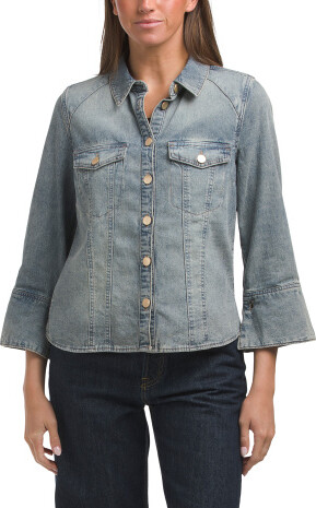 TJMAXX Three-Quarter Sleeve French Cuff Button Down Denim Jacket For Women, Cotton