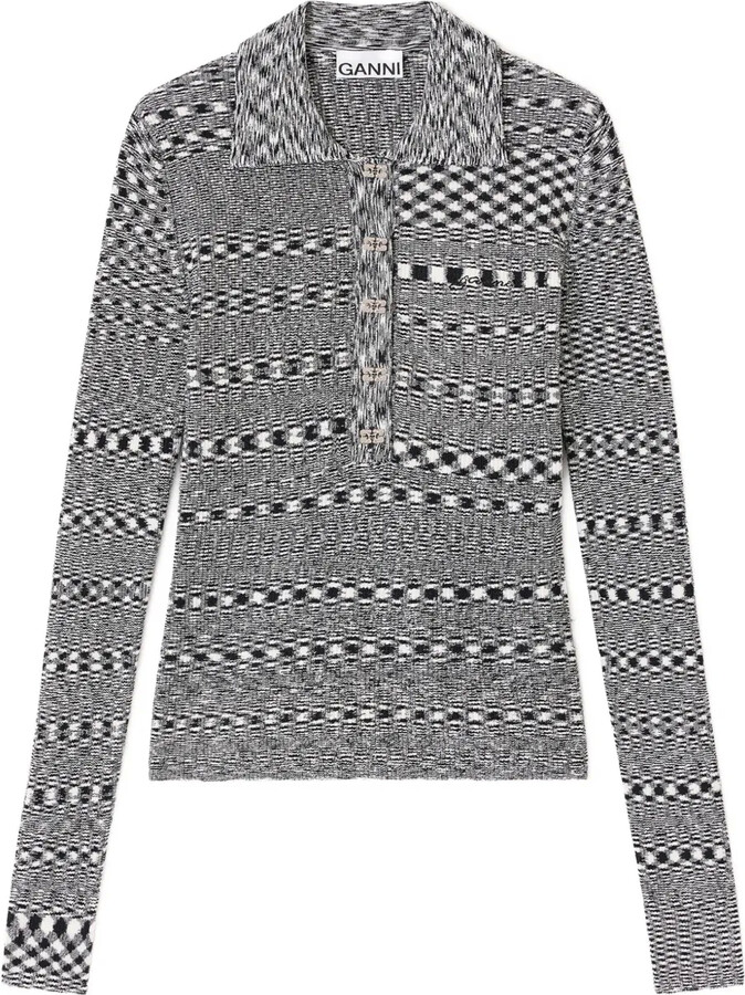 Ganni Space-Dye Check Polo Neck Top