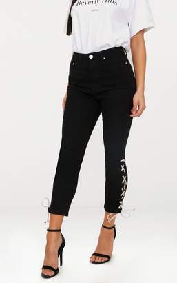 PrettyLittleThing Black Tie Detail Cropped High Waisted Skinny Jean