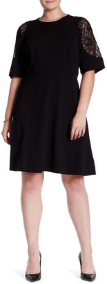 London Times Elbow Sleeve Lace Shoulder Dress (Plus Size)