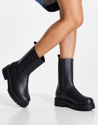 Leather Boots Monki Calf Boots Monki Mona Chunky Boots In Black
