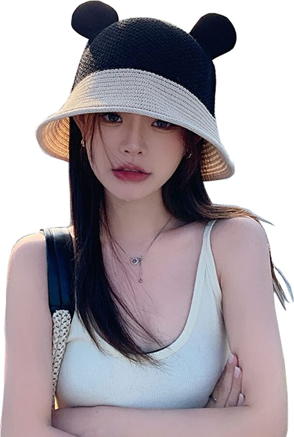 HENWASAI Women's Straw Bucket Hat with Bear Ear Cute Crochet Fishing Cap  Summer Foldable Straw Sun Hats - ShopStyle