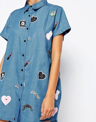 Lazy Oaf Longline Denim Shirt With All Over Patched Print