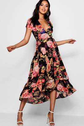 boohoo Mallory Chiffon Ruffle Floral Print Midi Dress