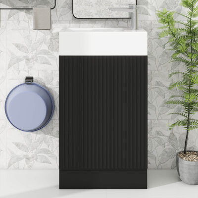 Ebern Designs 18.6 Inch Space-Saving Bathroom Vanity With Sink – Cabinet With Double-Layer Shelf, Toilet Paper Holder, Quiet Soft-Close Door And Left/Right Mount Op