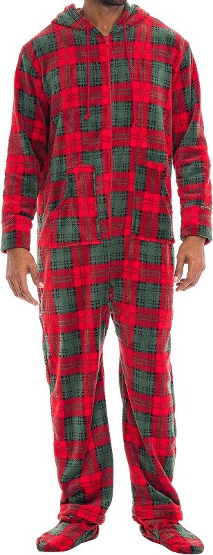 Alexander Del Rossa Men's Hooded Footed Adult Onesie Pajamas, Plush Winter  PJs with Hood Red and Green Christmas Plaid Medium - ShopStyle