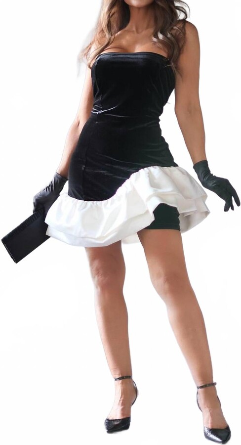 LENA Beatrice Velvet Strapless Mini Dress With Satin Asymmetrical Hem In Black